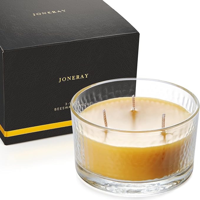 3-Wick Beeswax Candles, Pure Natural Handmade Beeswax Candles in Thick Glass Jars - Unscented Candles with 22-Hour Lasting