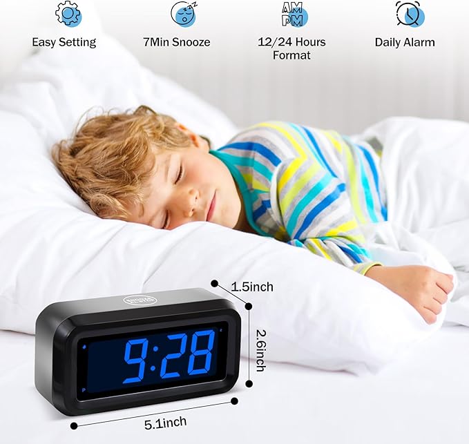 Digital Alarm Clock Battery Operated with LED Display for Bedrooms, Long Battery Life, 3 Brightness Adjustable, 12/24 Hour, Snooze, Black Case with Blue Digits