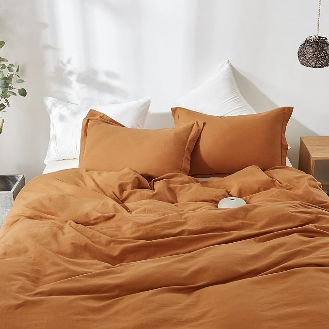 Simple&Opulence French Linen Duvet Cover Set 68" x 86"- 2 Pieces (1 Comforter Cover,1 Pillowcase)- Natural Flax Cotton Blend-Solid Color Breathable Farmhouse Bedding-Rust, Twin