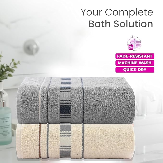 CASA COPENHAGEN X Line 2Pcs 100% Egyptian Cotton Large Designer Bathsheet Towels Gift Set- Silver Grey - Cream, 600GSM, 35"x70" 2Bath Sheet Towels for Bathroom (Gift Set for Women & Men)