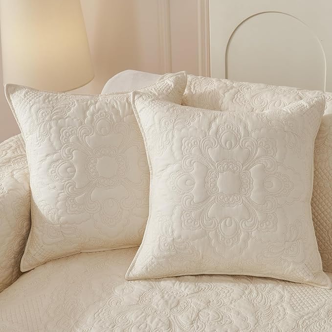 vctops Set of 2 Decorative Cotton Quilted Throw Pillow Covers 18x18 Cozy Boho Farmhouse Embroidery Cushion Cover Soft Accent Pillowcase for Couch Sofa Bed (Cream,18"x18")