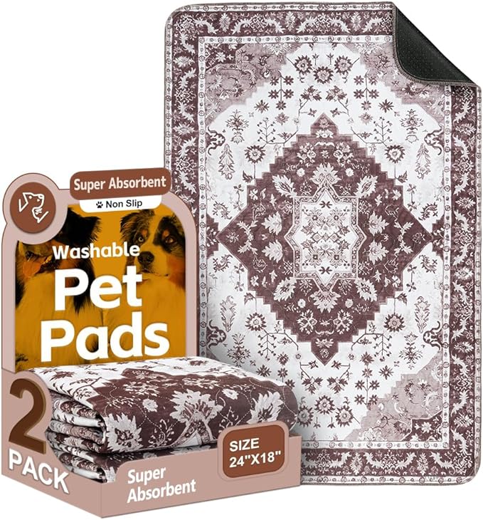 Washable Pee Pads for Dogs, 2 Pack Reusable Puppy Training Pads 24"x18" Super Absorbent Waterproof Dog Training Pads, Non-Slip Potty Pads, Whelping Pads Litter Mat Light Brown Medallion