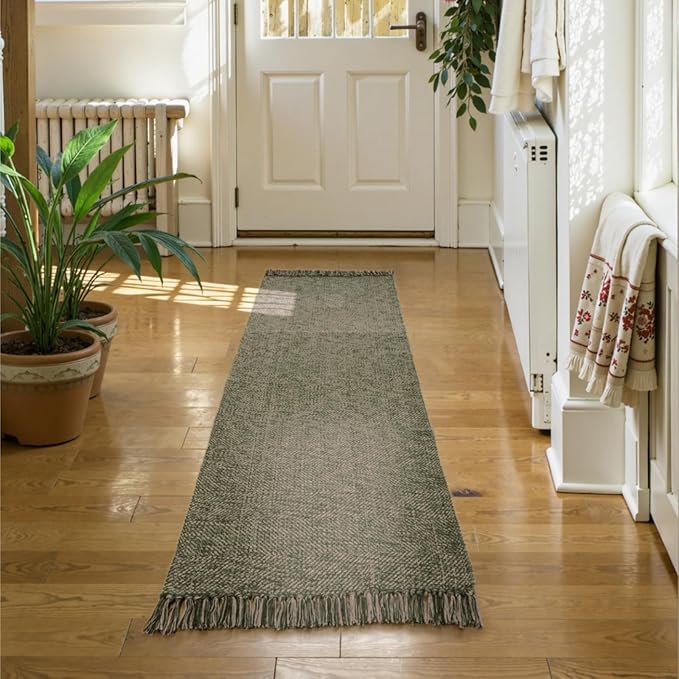 Collive Washable Runner Rugs for Hallways, 2' x 5' Natural/Green Entryway Runner Rug Soft Hand-Woven Contemporary Modern Laundry Room Indoor Carpet for Bathroom Bedroom Kitchen Front Door