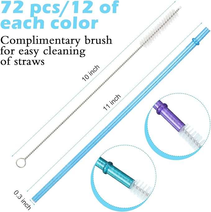 72 Pcs 11 inch Reusable Plastic Straws Colorful Drinking Straws, Glitter Drinking Straw for 40/30/24 oz Jar and Tumbler, with Cleaning Brush (Gold, Dark Blue, Purple, Red, White, Green)
