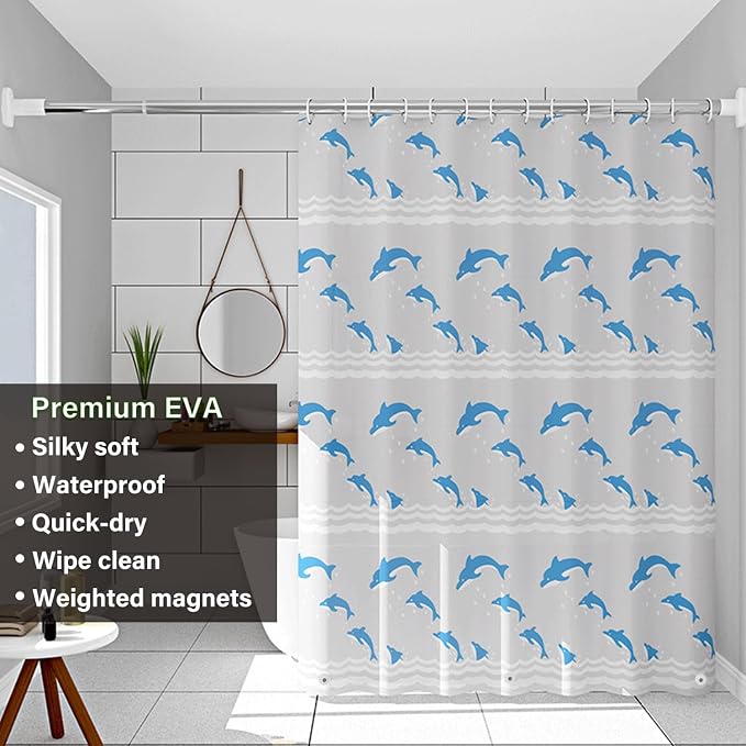 Plastic Shower Liner - Premium EVA 6G Shower Curtain Liner with Rustproof Grommets and 3 Weighted Magnets, Waterproof Shower Curtains for Bathroom (Dolphin, 72" x 78")