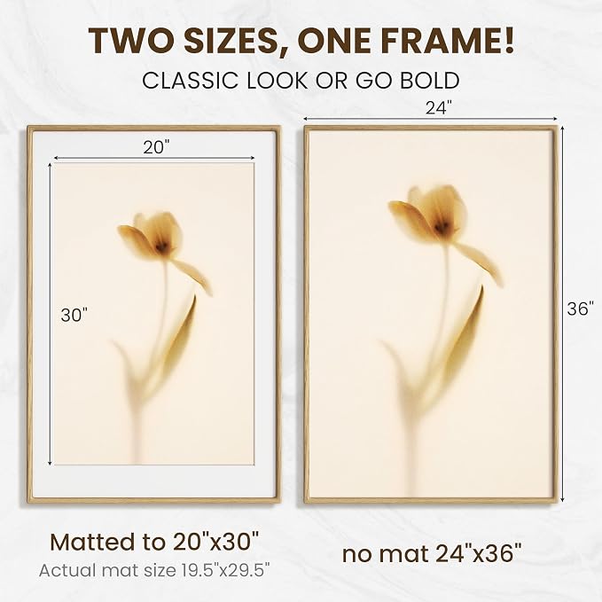 24x30 Poster Frame, USA-Sourced Oak Wood Frame Wall Mounted, 24x30 Picture Frame with Real Glass, 24 x 30 Picture Frame Matted to 18x24 Photo for Vertical & Horizontal Hanging, 1 Pack
