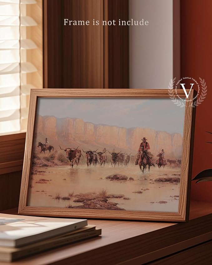 Vodefoad Vintage Cowboy Oil Painting Rustic Western Scenery Cowboy Wall Art Prints Farmhouse Country Life Western Horse Rider Wall Decor for Bar, Garage Man Cave, Home, Southwestern Theme Decorations - 8x10Inch Unframe