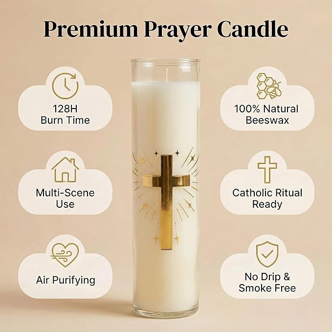 Beeswax Pillar Candles in Glass Jar,3-Pack 128H Burn,White Unscented Prayer Candle
