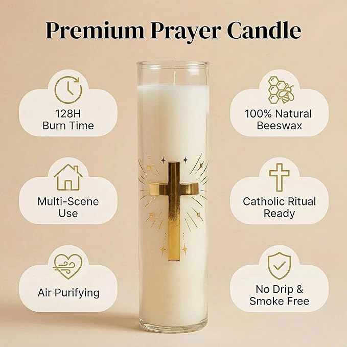 128 Hours Long Burning Beeswax Candles,Pure Beeswax Pillar Candles in Glass Jar,Unscented Natural Beeswax Prayer Candles for Religious Ceremony,Memorial,Vigil,Emergency (White)