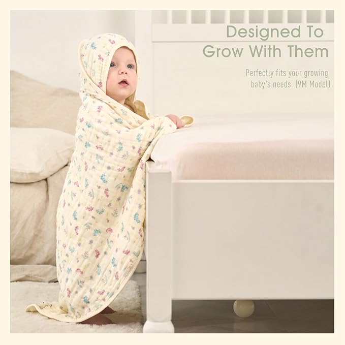 Muslin Baby Hooded Towel, Wildflower Floral, 32"x32" | 70% Organic Cotton & 30% Viscose from Bamboo, 6-Layer Fabric, Soft for Bath & Beach, Eco Kraft Gift Box