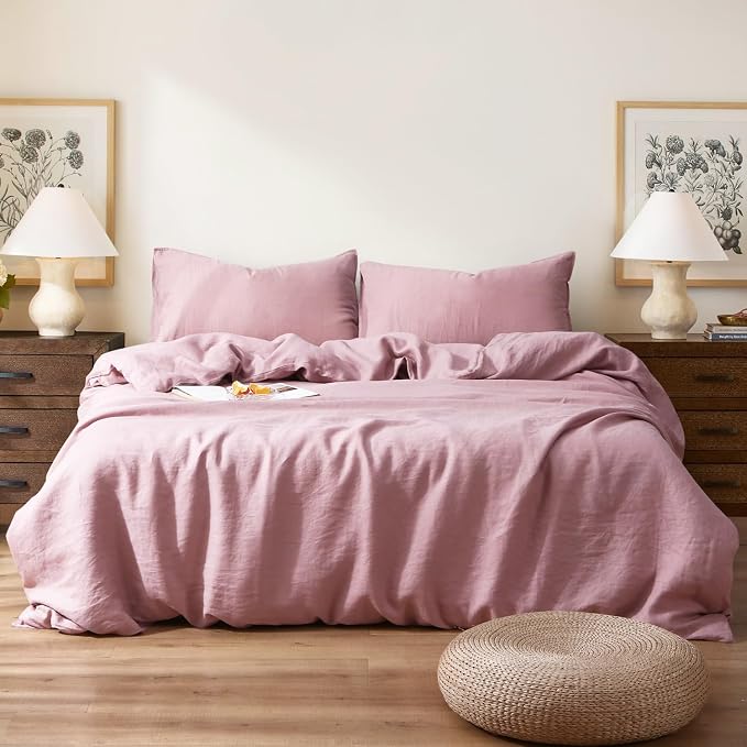 S VICTORY SYMBOL 100% Organic Linen Duvet Cover Set 3PCS King Size,Stone Washed Natural French Flax Bedding,1 Duvet Cover and 2 Pillowcases,Farmhouse Bedding Set(Pink Lavender)