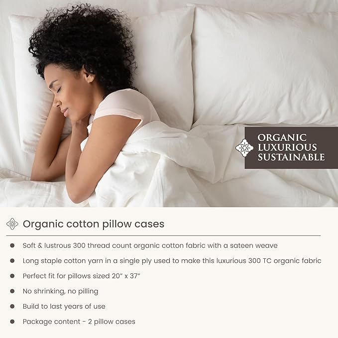 Bioweaves 100% Organic Cotton Envelope Pillow Cases 300 Thread Count Soft Sateen Weave GOTS Certified – 20 X 37, Set of 2, Shore