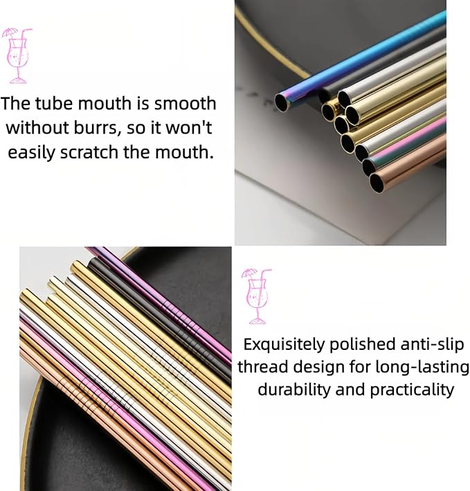 Heavy Duty 304 Stainless Steel Reusable Straw Set, 8 Pack Multi-Color Smoothie Straws with Travel Pouch & Cleaner, Dishwasher Safe Eco- (Golden-black bag,8pc)