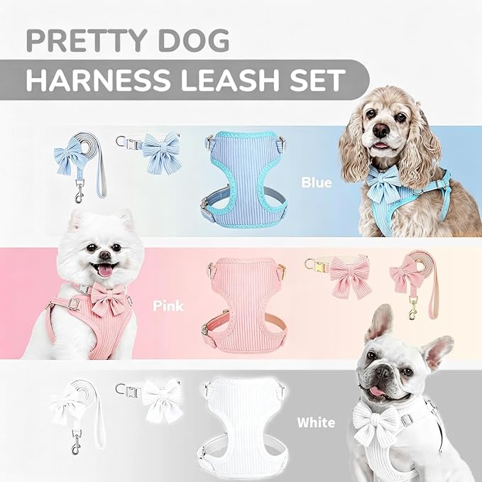 Small Dog Collar Harness and Leash Set with Bowtie, Adjustable Dog Harness Collar and Leash Set with Secure Metal Buckle, Breathable Cotton Adjustable Pet Puppy Harness, Easy Walk Harness, S(14–18.9")