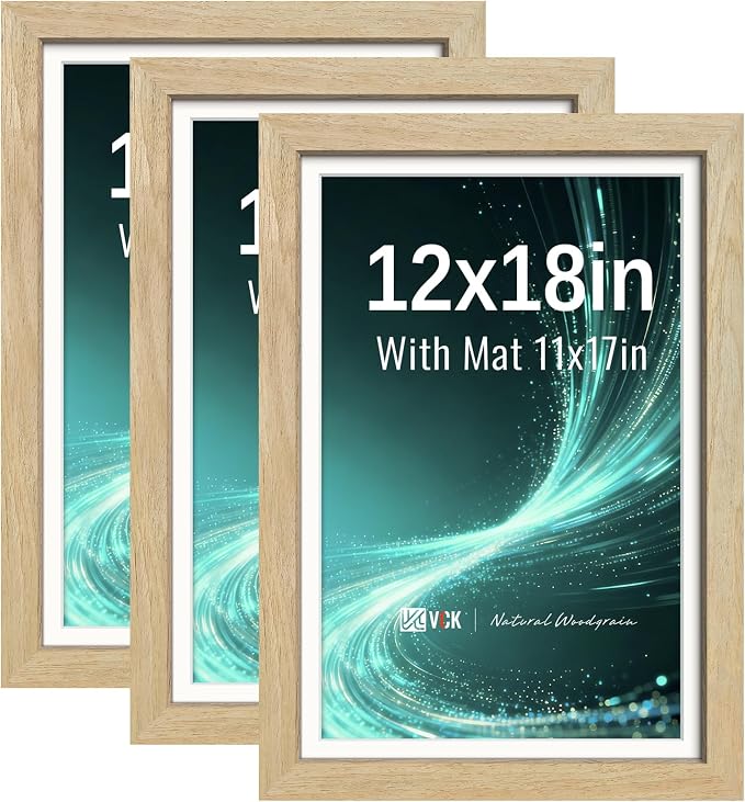 VCK 12x18 Picture Frames Natural - 3 Pack, Wide Border Solid Wood, Tempered Glass, Display 11x17 Photo with Mat or 12 x 18 Without, for Home, Office, Gallery, Woodgrain Series, Wall Hanging