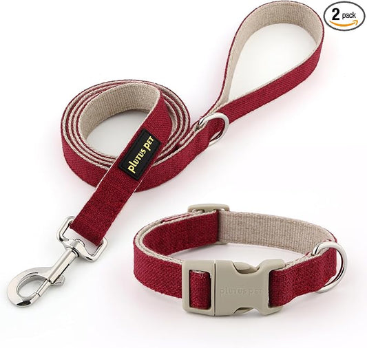 Plutus Pet Cotton Hemp Dog Collar and Leash Set, Adjustable Collar for Small, Medium, and Large Dogs, Heavy Duty and Soft on Skin, Red, XL
