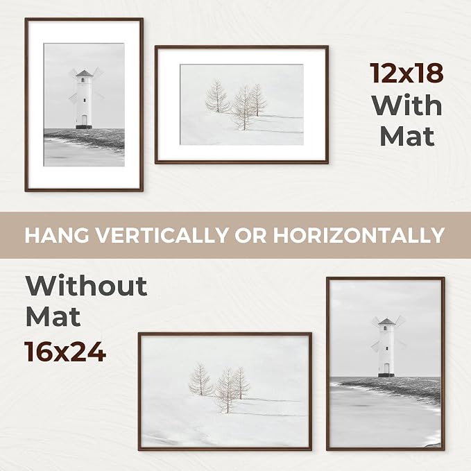 16x24 Picture Frame with Mat for 12x18, USA-Sourced Walnut Wood Handcrafted Rounded Corner with HD Tempered Glass, 16 x 24 Gallery Wall Frames for Posters & Art Prints, Vertically or Horizontally