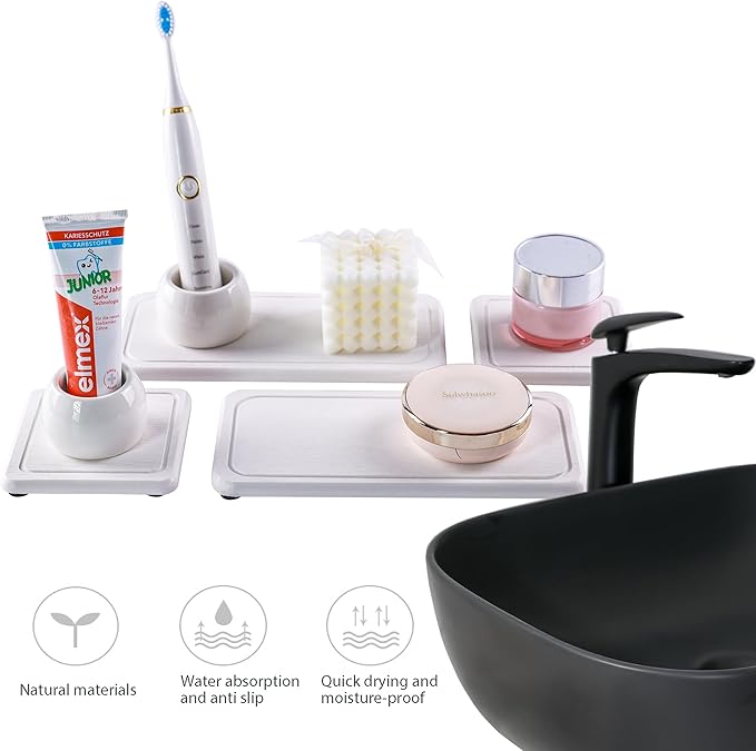 NiuYichee 2 Pcs Water Absorbing Stone Trays, Kitchen/Bathroom Sink Soap Dish, Diatomite Tray Used for Hand Soap & Cosmetic Bottles in The Modern Home, 4" W x 8.3" L, White
