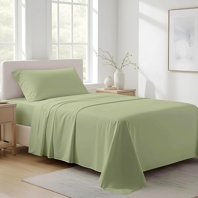 100% Organic Cotton Sheets Twin XL Size - Organic Cotton Twin XL Size Percale Weave Sheet Set (3 PC, Sage Green), Soft, Cooling, Crisp & Breathable, 16" Deep Pocket Hotel Bedding Set