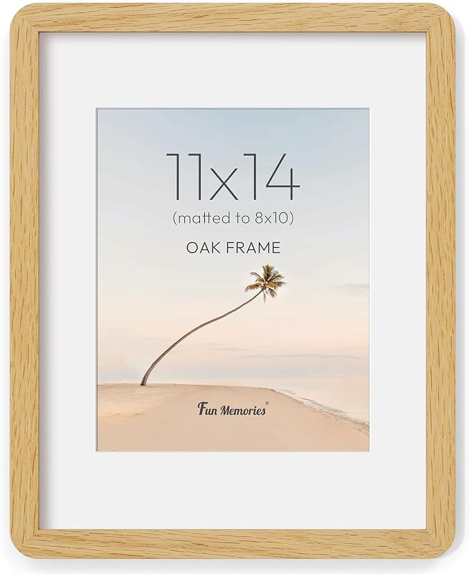 Fun Memories 11x14 Picture Frame - Solid Oak Wood 11x14 Frame with Mat for 8x10 Photos, 11 By 14 Poster Wood Wall Frame, Horizontal or Vertical Wall Mounting, Natural Oak