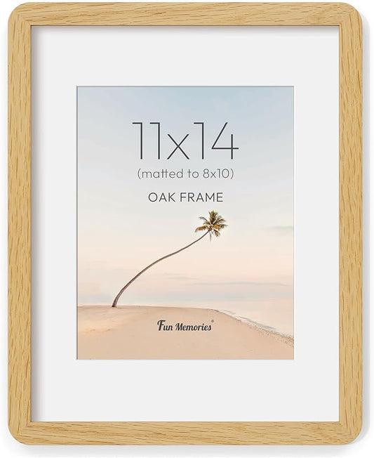 Fun Memories 11x14 Picture Frame - Solid Oak Wood 11x14 Frame with Mat for 8x10 Photos, 11 By 14 Poster Wood Wall Frame, Horizontal or Vertical Wall Mounting, Natural Oak
