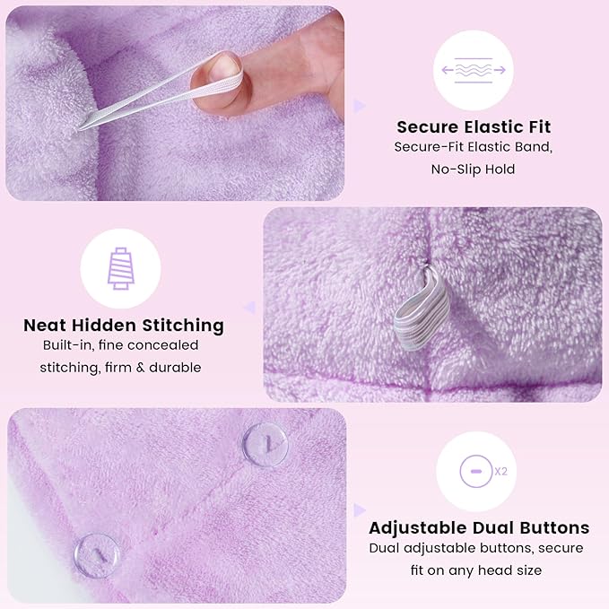 2 Pack Microfiber Hair Towel Wrap for Women, Large Fast Drying Hair Towel Turban, Ultra Thick Anti-Frizz, Double Stitched Edges & Stay in Place No Slip Design for Curly Long Wet Hair(Purple /Lavender)