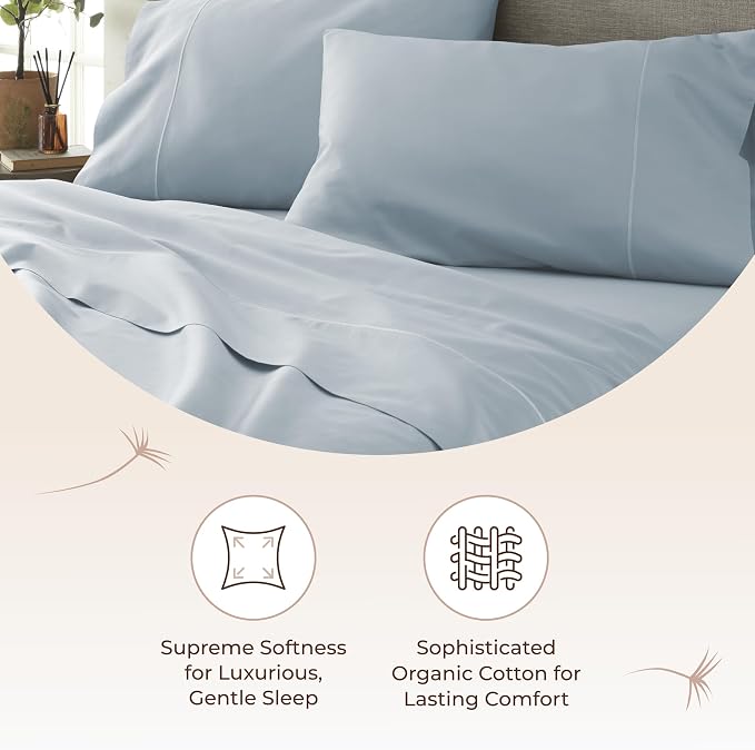 Certified Organic King Flat Sheet Only - 100% Organic Cotton Top Sheet with Luxurious Soft and Breathable 500 Thread Count Sateen Weave Finish - GOTS & Fairtrade Certified (Powder Blue, King)