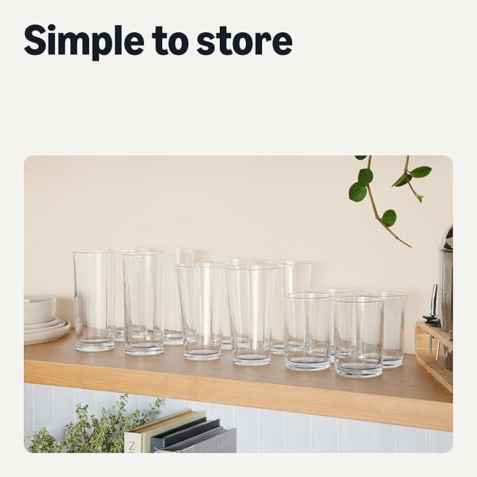 Amazon Basics Drinking Glasses, Dishwasher-Safe, 15 oz., 4-Piece Set