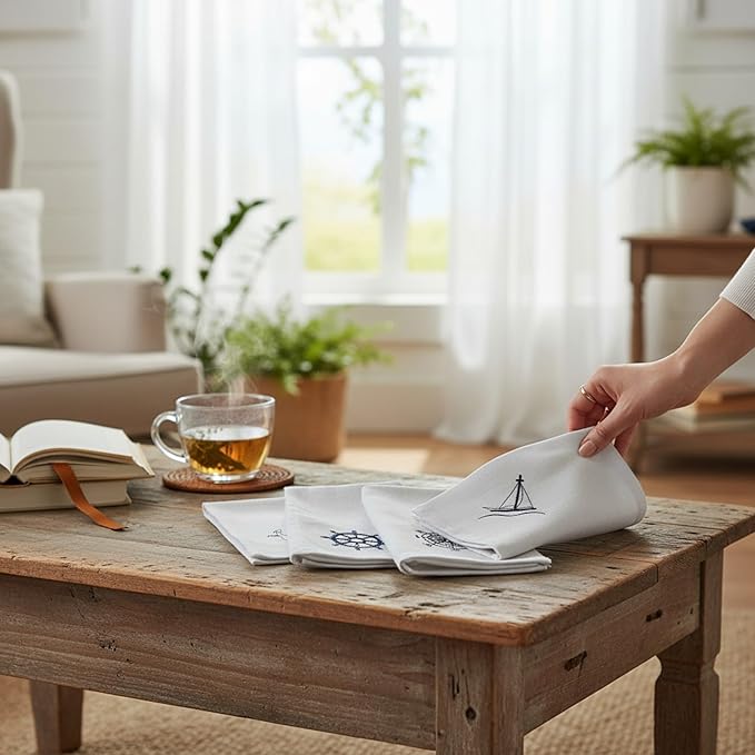 White Linen Dinner Napkins - 100% Linen Cloth - Fully Hemmed with Mitered Corners - Washable - Pack of 4 (Nautical Sailing Embroidered)