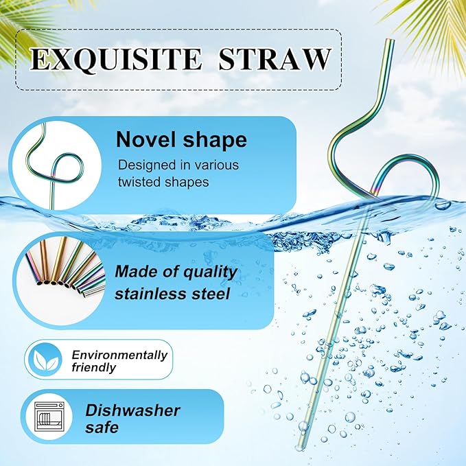 Gejoy 8 Pcs Reusable Stainless Steel Straw with Design Curved Silly Straws with 2 Cleaning Brushes Multicolor Metal Drinking tubes for Kids Adults Juice
