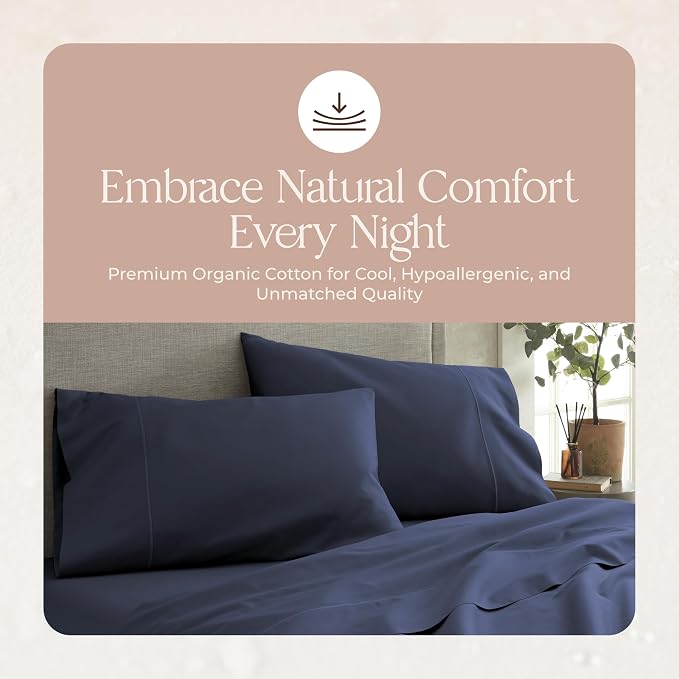 Organic Queen Fitted Sheet Only Deep Pocket - 100% Organic Cotton Sheets with Breathable 300 Thread Count Sateen Weave GOTS & Fairtrade Certified - Soft Fitted Bed Sheets Only (Navy, Queen)