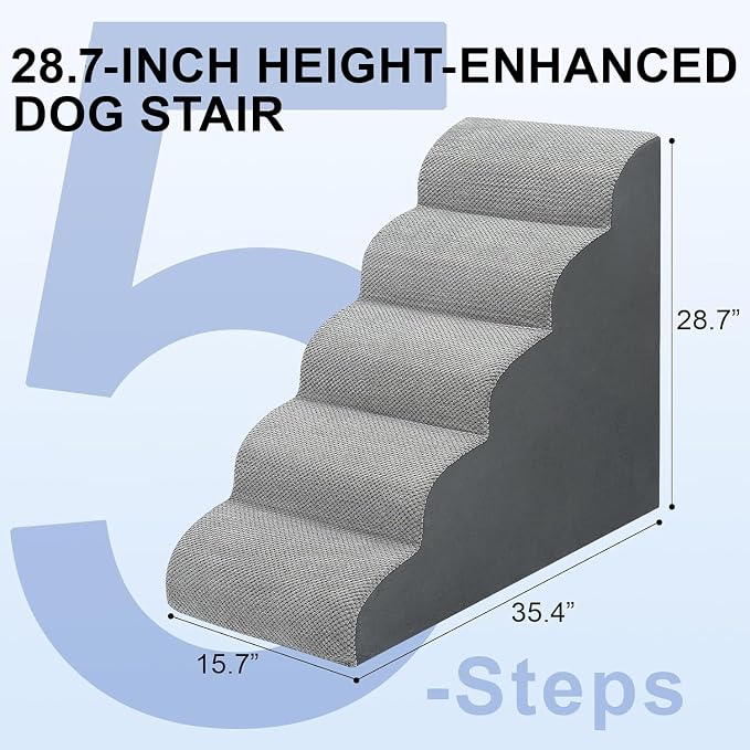 Dog Stairs for Bed 28.7”H, 5-Step Dog Ramp, Non-Slip Sturdy Pet Steps for Small Dogs & Cats to get on High Bed or Couches, Grey