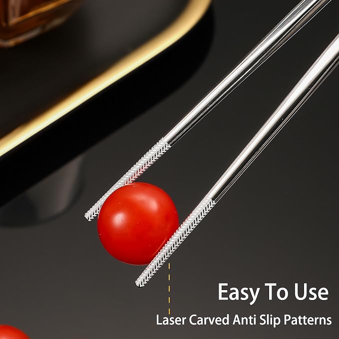 Stainless Steel Chopsticks Reusable, 5 Pairs, Silver Crack Pattern | Dishwasher Safe,18/8 Stainless Steel,Metal Chopsticks,Lightweight,Non-Slip,Laser engraving patterns
