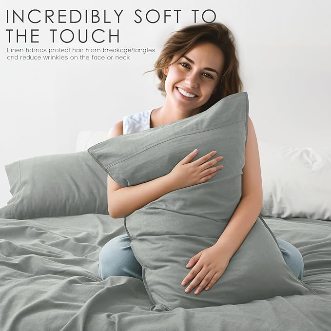 4Pcs Organic Linen Sheets Full Size, 100% French Linen from Normandy, Tear-Resistant Earl Gray Bed Sheets Full Sheet Set with 16 Inch Deep Pocket, 1 Flat Sheet, 1 Fitted Sheet, 2 Pillowcases