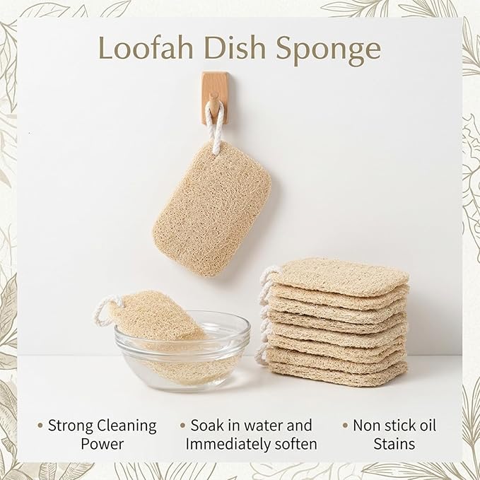 10 Pcs Natural Loofah Sponge Set, Dye-Free, Loofah Sponge for Dishwashing, Loofa for Women and Men Body Scrubber, Bath Exfoliator for Glowing Skin