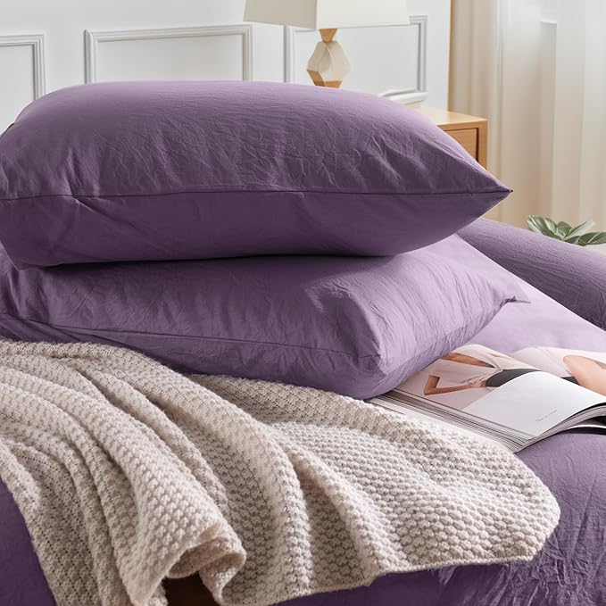 NEXHOME PRO Full Duvet Cover Set, 100% Washed Cotton with Linen-Like Texture, Natural Organic, Breathable & Comfortable, Includes Home Bedding Set Dusty Purple (No Comforter) 8090
