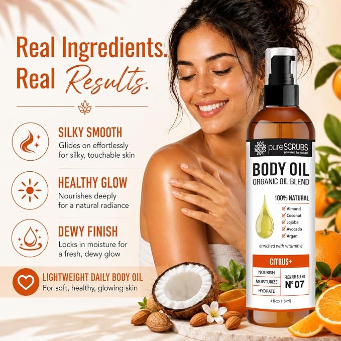 pureSCRUBS Ultra Moisturizing Citrus Body Oil for Dry Skin, 4 oz | Luxurious After Shower Body Oil for Soft, Silky, Glowing Skin, Non-Greasy, Fast Absorbing & Hydrating Formula with Vitamin E
