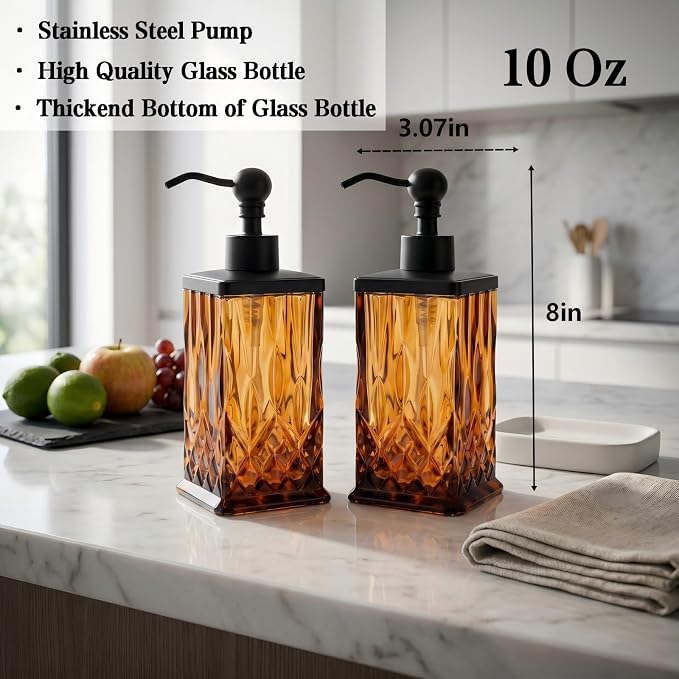 2 Pack 10Oz Glass Soap Dispenser with Matte Black Zinc Alloy Pump,Amber Square Textured Refillable Hand Soap Dispenser with Vertical Fluting for Lotion,Soap,Body Wash,Kitchen Bathroom Countertop Decor
