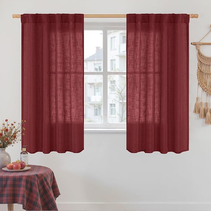 LAMIT Linen Curtains 48 Inch Length 2 Panels, Light Filtering Panels Back Tab and Rod Pocket Christmas Decor Drapes for Window/Loft Room/Bedroom, 34 x 48 Inch, Burgundy Red