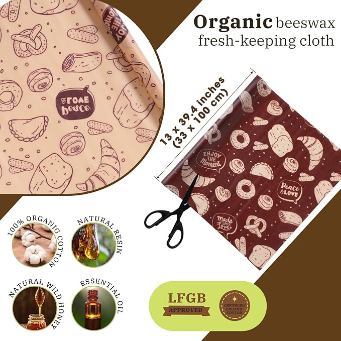 3 Rolls Reusable Beeswax Wraps for Food 13 x 40 Inches Bees Wax Wraps Reusable Food Storage Wrap Beeswax Paper Roll for Bread Sandwich Cheese Fruit Snacks(Bakery)