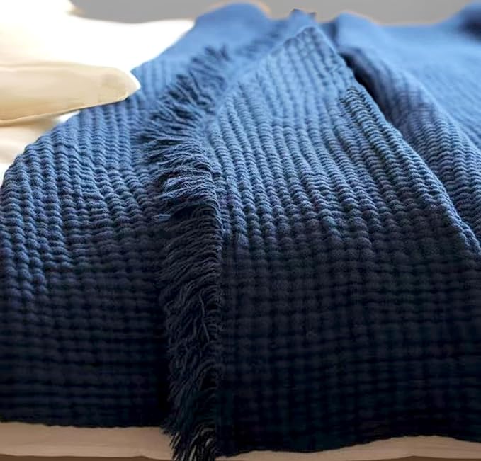 KyraHome Muslin Blankets for Adults, 60"x80", 100% Organic Cotton Throw Blankets for Couch, Plant Dyed Breathable Lightweight Gauze Summer Blankets, All Season (Navy Blue)