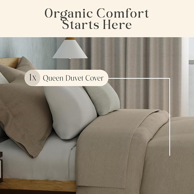 Delilah Home 100% Organic Cotton Duvet Cover, GOTS & Vegan.org Verified, Long Stem 300 TC Sateen Bedding, Non-Synthetic, Deep Pocket Fitted Linen, Lightweight, All-Season, 1 Piece Queen Size - Beige