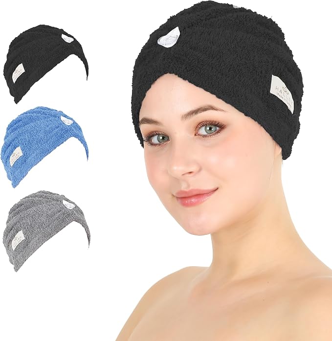 HALLEY Cotton Hair Towel Wrap (3 Packs) Super Absorbent Fast Drying Hair Towel for Thick Hair Turbans for Wet Hair with Button (Black, Grey, Blue)