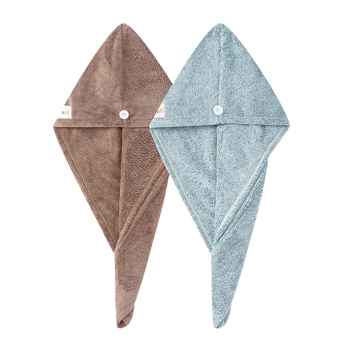 M-bestl 2 Pack Hair Drying Towels, Hair Wrap Towels,Absorbent Microfiber Hair Towel Turban with Button Design to Dry Hair Quickly(Star Green&Camel)
