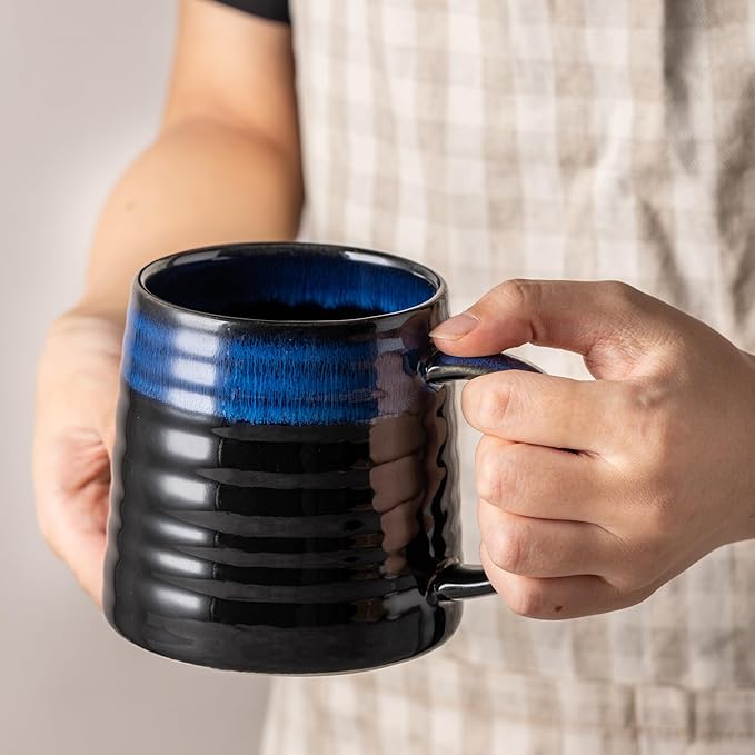 15.5 Oz Large Reactive Glaze Ceramic Mug, Heavy Weighted Stoneware Coffee Cup, Wide Base, Thick Wall Big Tea Cup with Custom Package Box, Microwave & Dishwasher Safe (Blue-Black)
