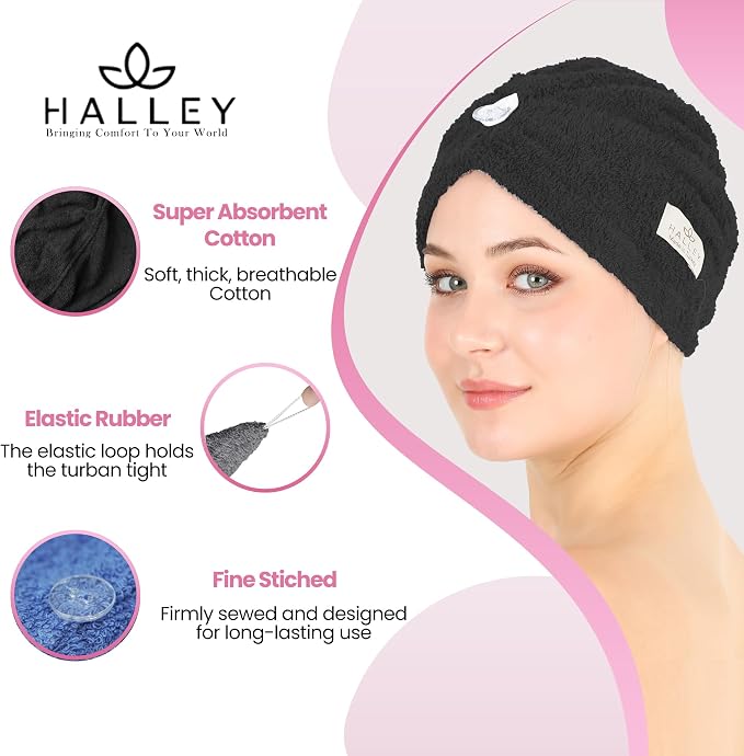 HALLEY Cotton Hair Towel Wrap (3 Packs) Super Absorbent Fast Drying Hair Towel for Thick Hair Turbans for Wet Hair with Button (Black, Grey, Blue)