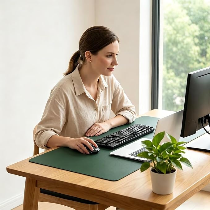 Leather Desk Mat, 25.5"x53" Office Table Pad, Thick Premium Desktop Cover with Stitched Line, Non-Slip Laptop Writing Surface (Dark Green)