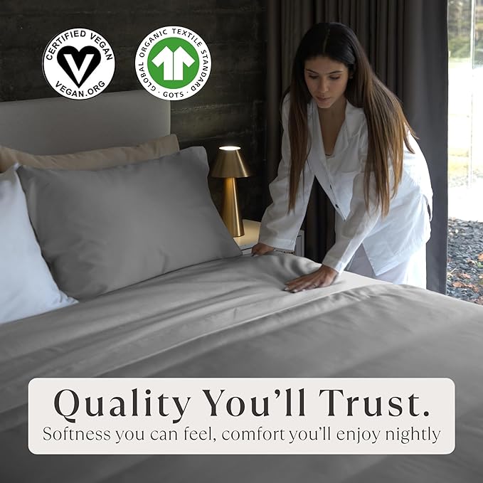 Delilah Home 100% Organic Cotton Full Bed Sheet Set, GOTS & Vegan.org Verified, Long Stem 300 TC Sateen Bedding, Non-Synthetic, Deep Pocket Fitted Linen, Lightweight, All-Season, 3 Piece Set - Grey