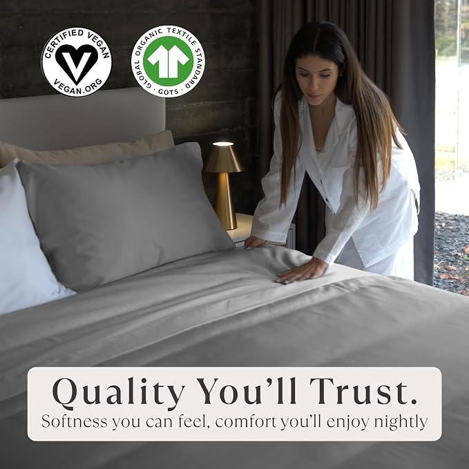 Delilah Home 100% Organic Cotton King Pillow Case, GOTS & Vegan.org Verified, Long Stem 300 TC Sateen Bedding, Non-Synthetic, Deep Pocket Fitted Linen, Lightweight, All-Season, 2 Pieces Set - Grey