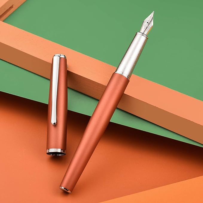 Hongdian 920 Orange Metal Fountain Pen, Iridium Extra Fine Nib Classic Pen, Includes Refillable Converter and Pen Pouch